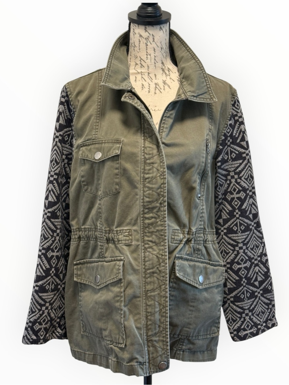 Sun & Shadow Olive Green Utility Jacket with Patterned Knit Sleeves